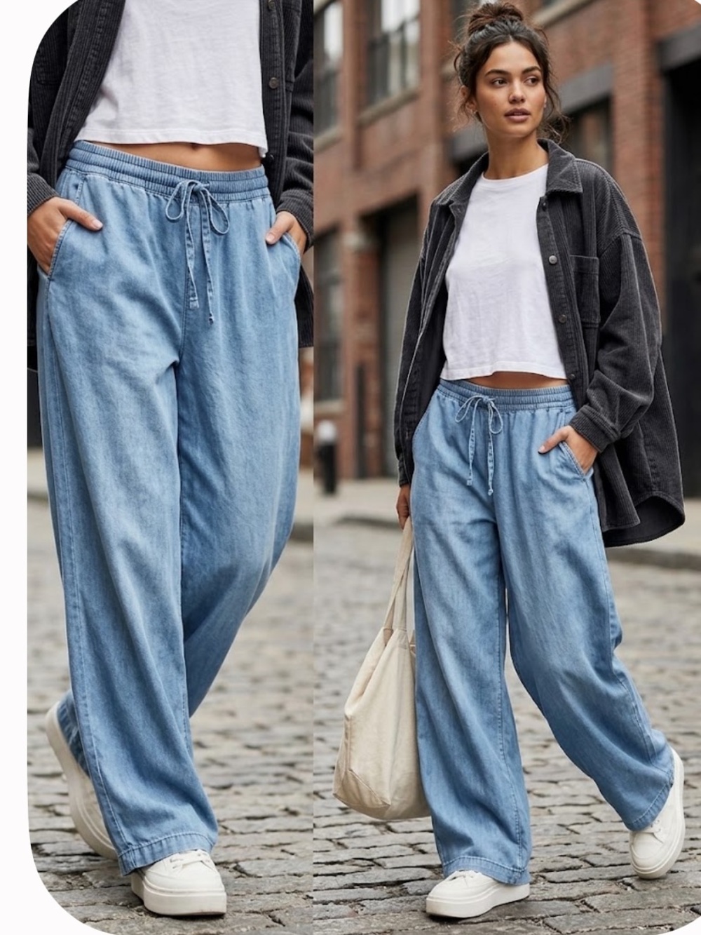 Lucky Brand Oversized Baggy Light Wash Chambray Wide Leg Drawstring Pants Size S